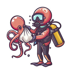 Diver Catching Octopus With Plastic Bag, Isolated Transparent Background Images