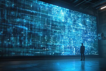 Person standing in front of a large screen displaying complex coding data. - obrazy, fototapety, plakaty