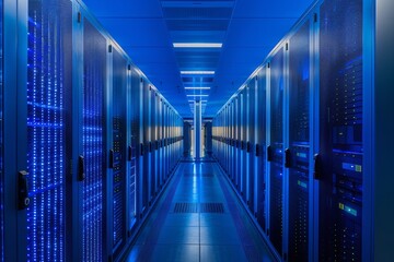 Interior of a modern data center with rows of server racks and blue LED lights.