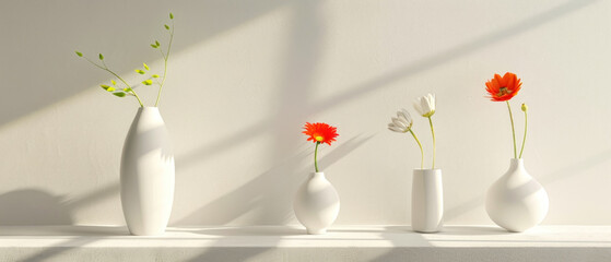 Minimalist ceramic vase collection with single bright flower each, light grey background, soft shadows and highlights, clean aesthetic composition