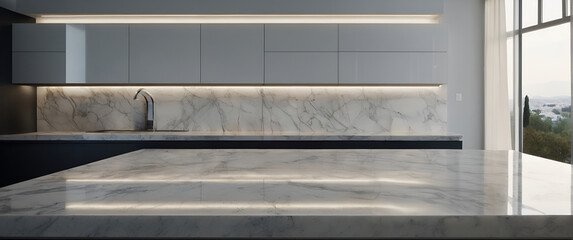 Minimalistic apartment design of an empty kitchen marble countertop with cabinets and a sink with fancy faucet.