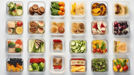 Fruits and vegetables in healthy food boxes Illustration for healthy food design.