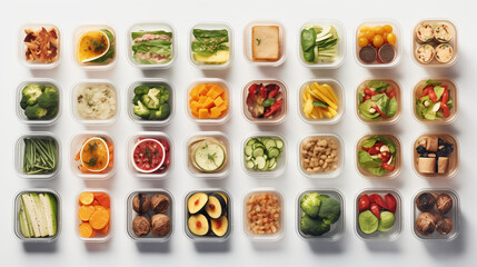 Obraz premium Fruits and vegetables in healthy food boxes Illustration for healthy food design.