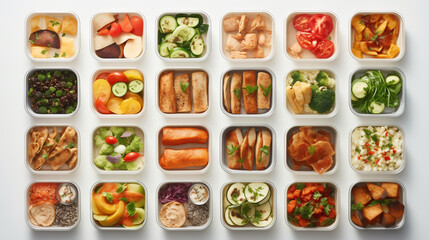 Obraz premium Fruits and vegetables in healthy food boxes Illustration for healthy food design.