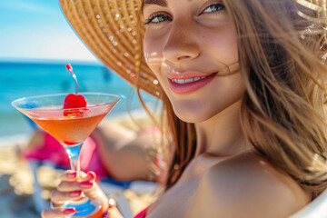 A young woman is relaxing at the beach with a cold martini.