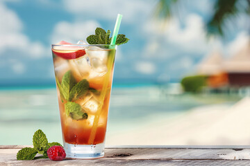 Obraz premium cocktail at the table of a beach cafe on a tropical island during, ready to cool off.