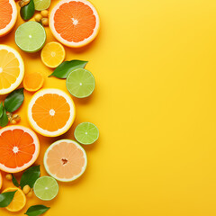 Orange and citrus fruit slices on a white background, including orange, lemon, lime, and grapefruit, representing freshness, health, and vibrant colors