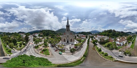 360 aerial photo taken with drone between cathedral and canal in Petrópolis