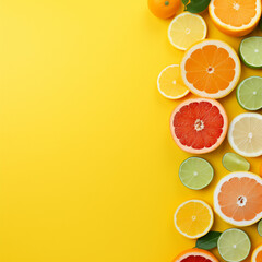 Orange and citrus fruit slices on a white background, including orange, lemon, lime, and grapefruit, representing freshness, health, and vibrant colors