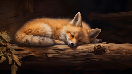 Obraz premium red fox in the zoo, Painting of a fox sleeping in a nest with leaves and branches ,A wolf in the forest, Red cute fox animal sleeps on a tree Created with Generative AI technology