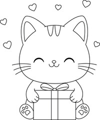 Cute cat and gift box coloring page 