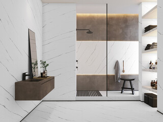 White bathroom interior with bathtub, double sink and towel rail ladder, bathing area with panoramic window on skyscrapers. Mockup copy space wall. 3D Rendering