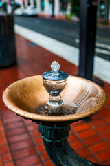 Public brass water fountain on street with water flowing