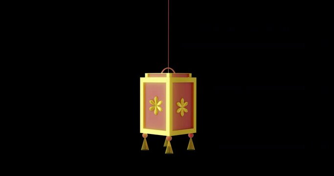 Animation of chinese red and gold lamp hanging with copy space on black background