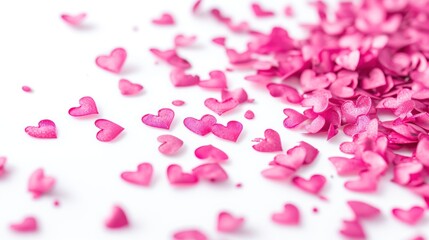 Pink rose petals white background. Romantic card background.