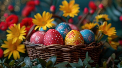 Fototapeta na wymiar Close-up of colorful Easter eggs arranged in a basket, with spring flowers in the background