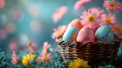 Close-up of colorful Easter eggs arranged in a basket, with spring flowers in the background