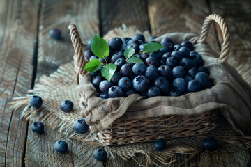 Obraz premium Fresh blueberries in rustic basket, evoking wholesome simplicity.