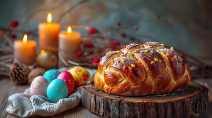Easter bread, quail colourful eggs and candles on wooden table