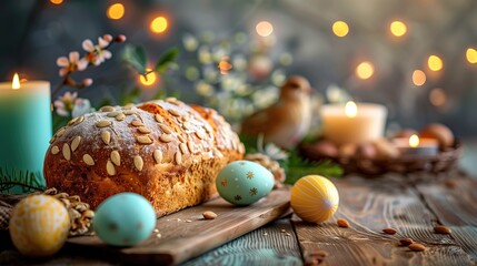 Fototapeta na wymiar Easter bread, quail colourful eggs and candles on wooden table