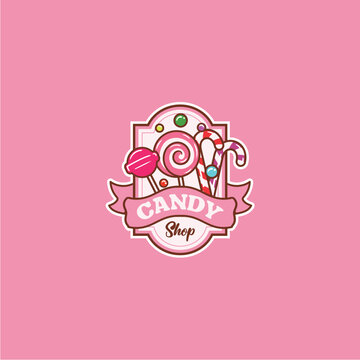 Color cafe label with lollipops. Colorful candy shop label on pink background. Candy shop logo design. 
