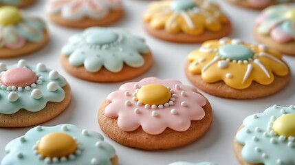 Obraz na płótnie Canvas Happy Easter. Multicolored pastel easter cookies: banny, eggs, on a white background
