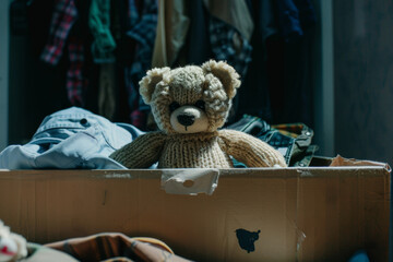 A melancholic teddy bear sits abandoned in a box amidst a clutter of clothes, symbolizing forgotten childhood.