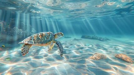 Serene underwater scene with a sea turtle gliding over coral reefs in sunlit waters