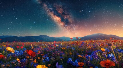 Milky Way galaxy passing over a meadow filled with wildflowers. Generative Ai - obrazy, fototapety, plakaty