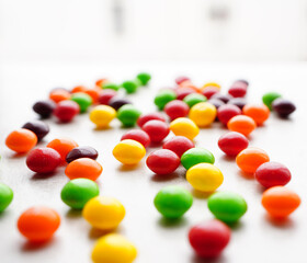 Assorted pieces of bright colorful round candy on white background