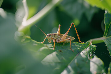 Fototapeta premium A vivid grasshopper perches on lush green foliage, its detailed anatomy poised for observation.