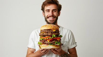 Man holding big burger, man with extra large hamburger on white background