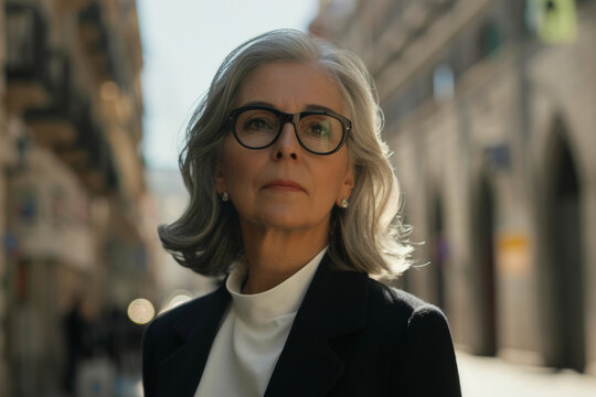 A mature woman, with stylish eyewear, gazes intently with an air of resolve and grace.