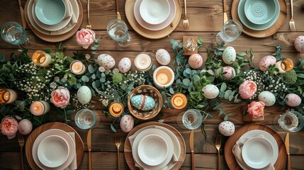 Top view of easter table decoration - obrazy, fototapety, plakaty