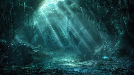Unidentified submerged cave with beams of light. Generative Ai
