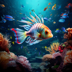 Fototapeta na wymiar A surreal underwater scene with exotic fish. 