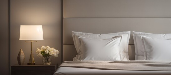 A white bed with crisp white sheets and comfortable pillows, set in a bedroom with soft lighting from a bedside lamp. The simple yet inviting decor creates a cozy atmosphere.
