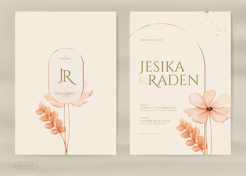 Aesthetic Wedding Invitation Template with Vintage Brown Flower Watercolor