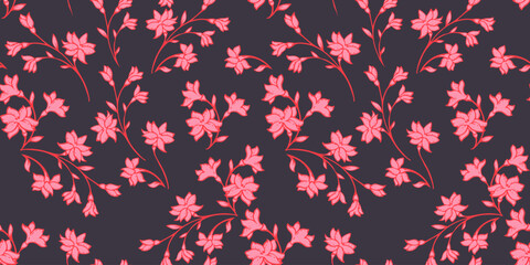 Fototapeta na wymiar Artistic abstract branches with tiny wild ditsy floral, buds seamless pattern. Vector hand drawn sketch red flowers silhouettes on dark background printing. Collage template for designs, fabric