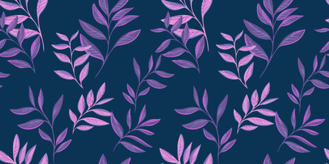 Artistic abstract leaf stem seamless pattern. Vector hand drawn. Simple dark blue background with purple branches leaves on a print. Collage template for designs, textile, fabric