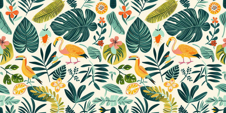 A seamless pattern of hand-drawn tropical elements for an exotic jungle wallpaper