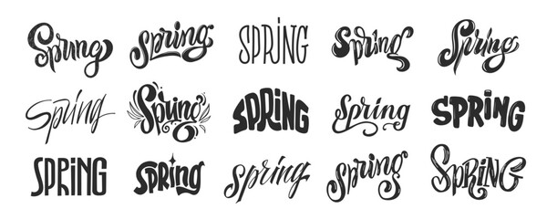 Set Lettering Spring. Hand Draw Collection text. Template title for design banner, poster, social media. Vector file - obrazy, fototapety, plakaty