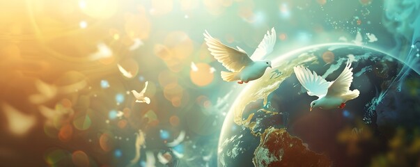 "Symbolizing peace and unity through an image of the globe and doves". Concept Peace, Unity, Global Harmony, Dove Symbolism, Inspirational Images