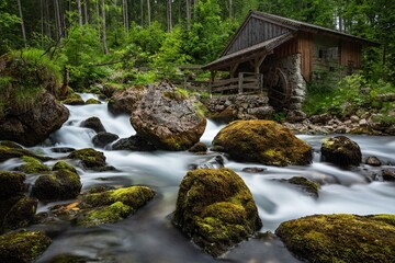 Fototapeta na wymiar A wooden water mill on the river Schwarzbach near the Golling Waterfall in Austria
