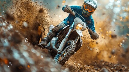 Extreme motocross rider riding on dirt track background