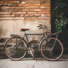 A vintage bicycle leaning against a brick wall.