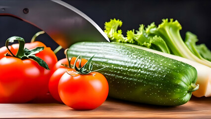 vegetables, tomatoes, cucumber, knife, kitchen, cooking, on a chopping board
