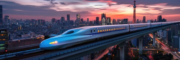 A bullet train traveling at high speed through a contemporary. Generative Ai