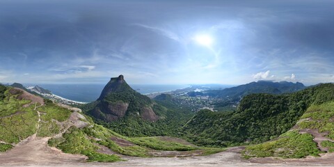 360 aerial photo taken with drone over Pedra Bonita in front of Pedra Gávea in Rio de Janeiro