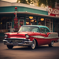 A vintage car parked in front of a retro diner.